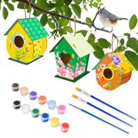 Maison D'oiseau Manuelle Enfant, Décorations de maison d'oiseau en bois avec pinceau et peinture, Kit de maison d'oiseau à peindre