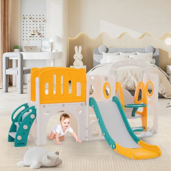 Aire de jeux pour enfants 5 en 1, avec toboggan, toboggan, escalade, rangement, balançoire, support de basket-ball, en PEHD, toboggan pour enfants et jouet d'escalade - Bleu