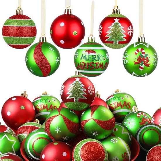 Boules De Noël Extérieur 30 Pièces - 6 Cm, Rouge Et Vert Pailleté, Incassables Pour Sapin, Jardin, Décoration - 6