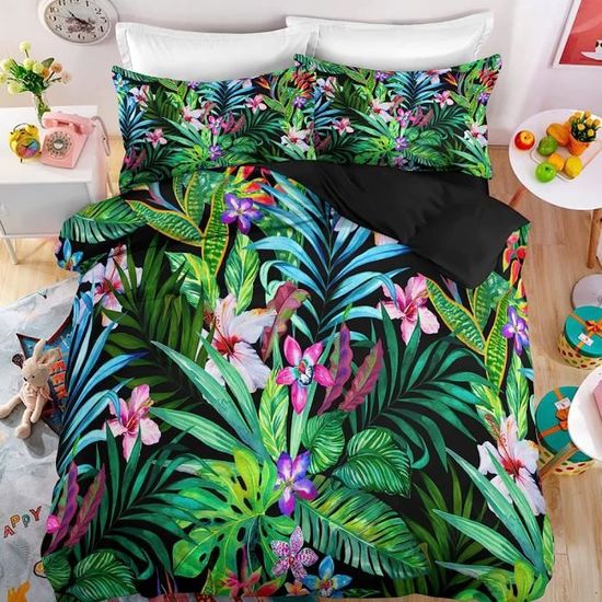 Parure De Lit 3 Pièces éléphant Jungle Réversible - Housse De Couette 220x240 Cm + 2 Taies 65x65 Cm, Microfibre Douce, Fermeture éclair