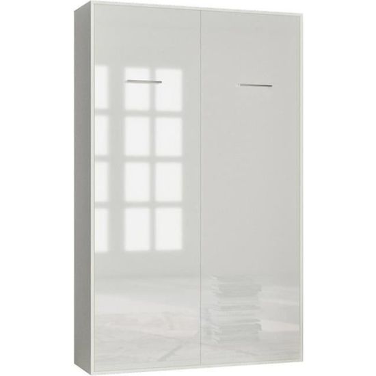 Armoire lit escamotable - INSIDE 75 - SMART-V2 - Blanc mat et blanc brillant - 140x200 cm - Sommier à lattes