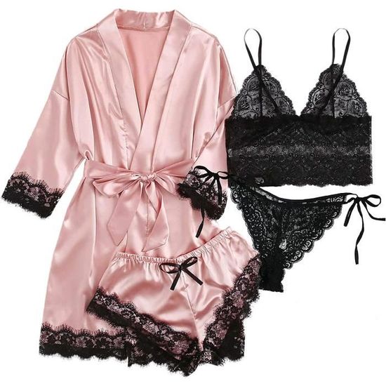PYJAMA CHEMISE DE NUIT Femme Ensemble De Pyjama Dentelle 4 pieces avec Peignoir Robe De Chambre Satin Ensemble De Nuit Rose Rose Cdiscount Pret a Porter
