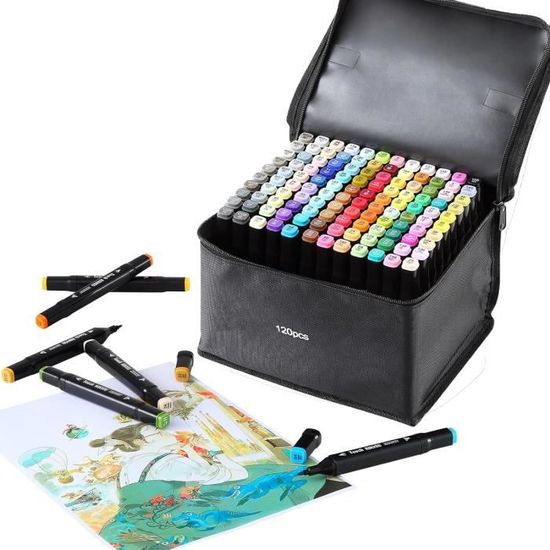 Lot De 80 Feutres à Alcool Double Pointe TBC - 6 Mm / Pointe Fine - Encre Permanente, Séchage Rapide - Idéal Pour Manga, Dessin, Illustration - 6
