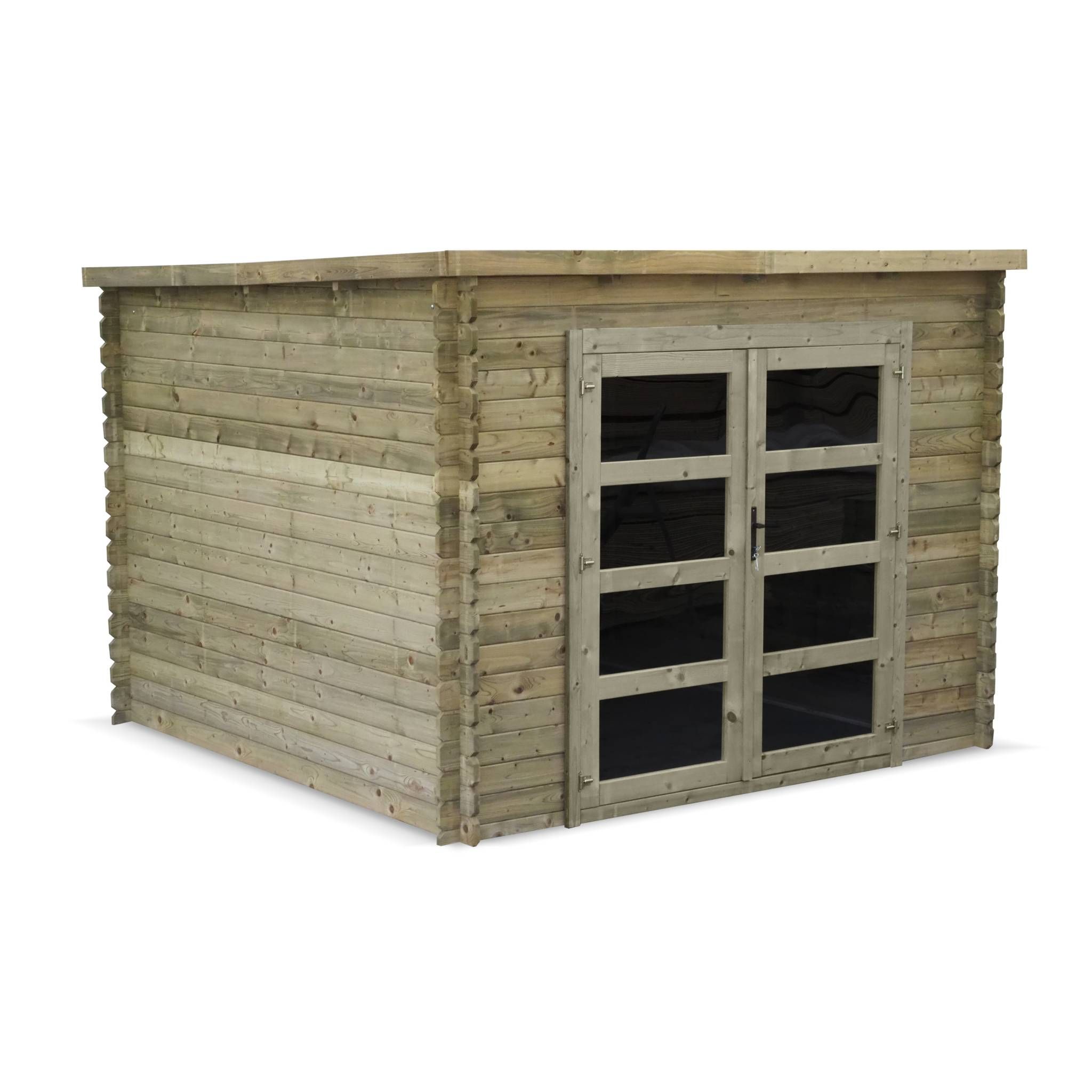 Abri de jardin contemporain traité autoclave classe 3, TIGNES en bois FSC de 9,3 m², structure en madriers 28 mm, sapin du nord