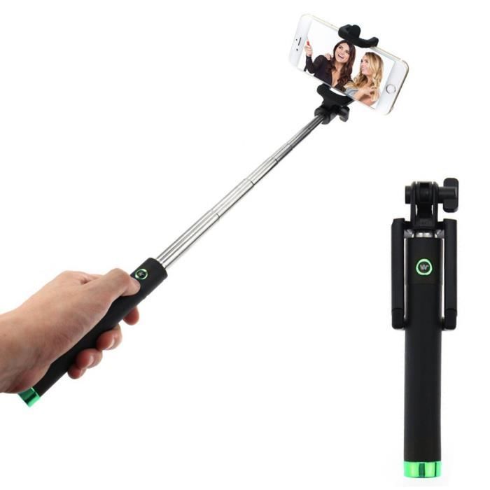 Perche à Selfie Bluetooth Dispho - Peau de pèche - Noire et Vert - iOS & Android - iPhone, Samsung Galaxy S, Wiko,…