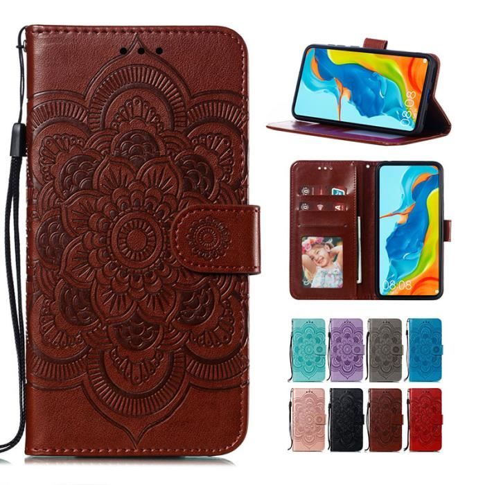 Coque Samsung Galaxy A70, Mandala Fleur Motif Fente de Cartes en Cuir Support Silicone Élégante Antichoc, Marron
