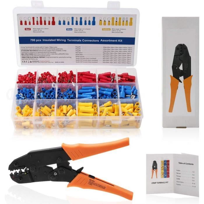 ChangM Pince à Sertir à Cliquet avec 700 Cosses Électrique pour câbles 0,5-1,5mm²/1,5-2,5mm²/4,0-6,0mm²