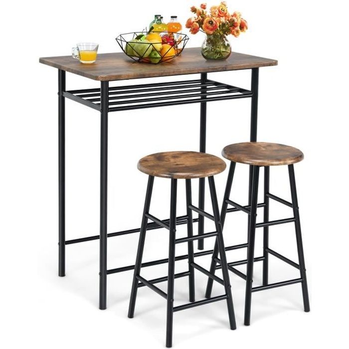 COSTWAY Ensemble Table et Chaises, Table Haute de Style Industriel, 2 Tabourets avec Repose-pieds pour Bistro Brun Rustique