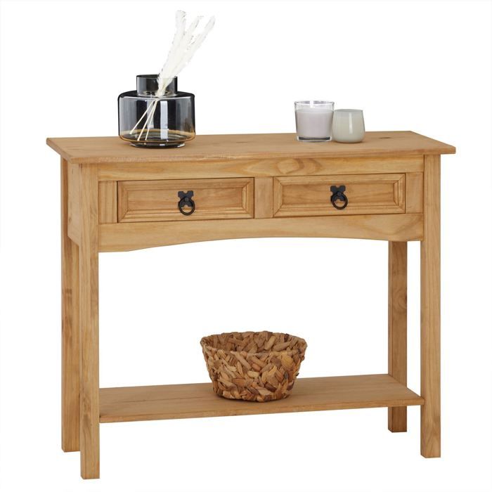 Table console SALSA table d'appoint en bois style mexicain avec 2 tiroirs, en pin massif finition teintée/cirée