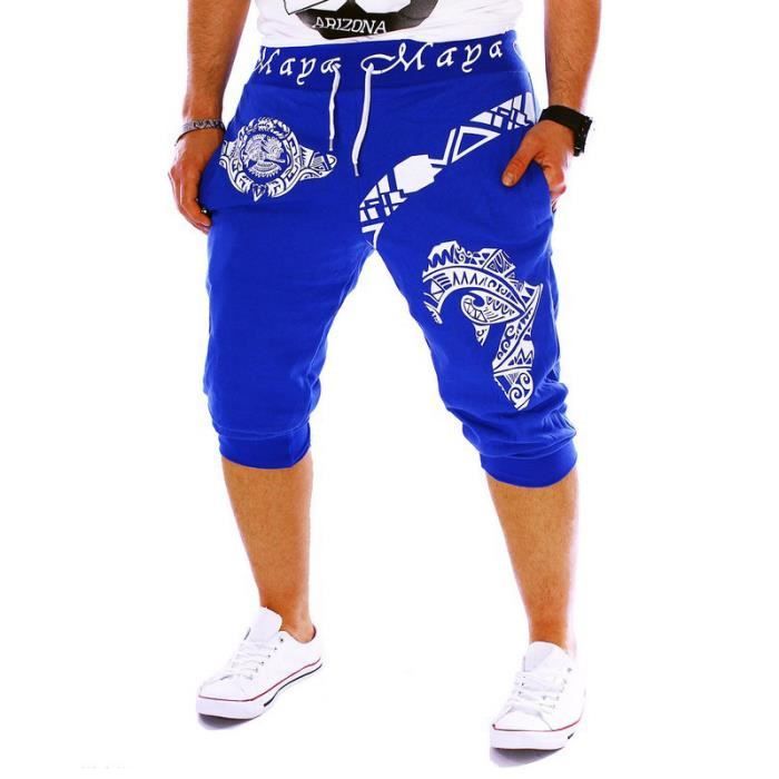 Pantacourt Homme Été Vintage Impression Taille à cordon de serrage Sport Hommes VêTement Masculin-Noir