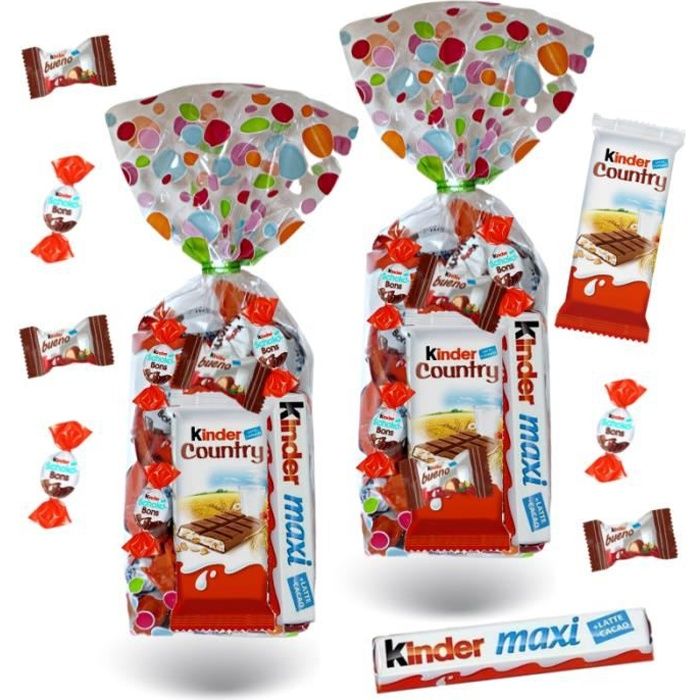 2 sachets de 40 chocolats Kinder : schokobons, mini bueno, maxi et country