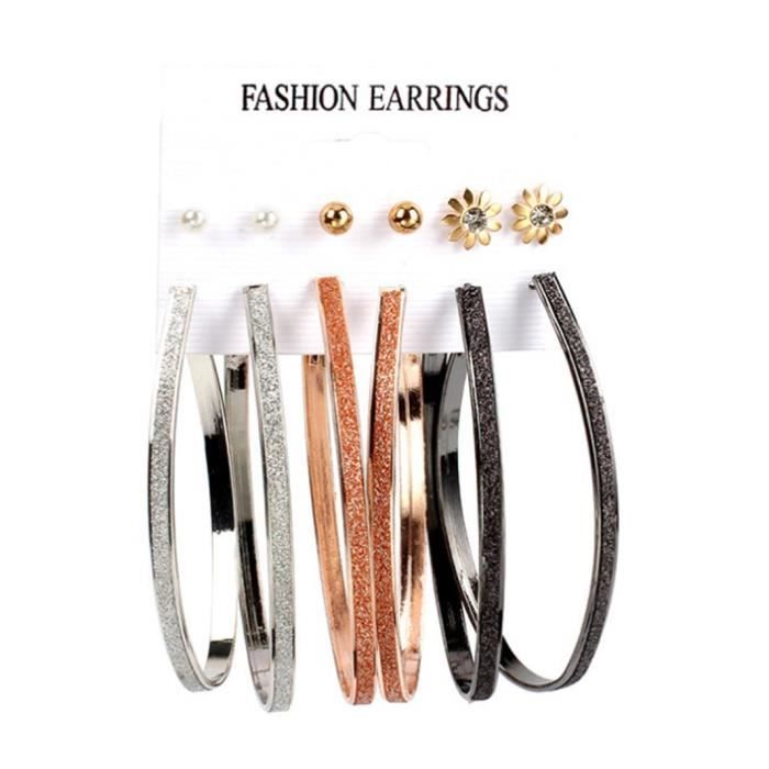 Freessom Lot de 6 Créole Large Femme Boucle D'oreille Acier Fine Perle Fleur Cristal Diamant Cerle Anneau Doré Arge#9559