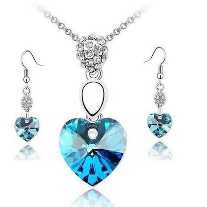 Parure Bijoux Coeur Cristal Swarovski Elements Turquoise Plaqué Or Blanc 750