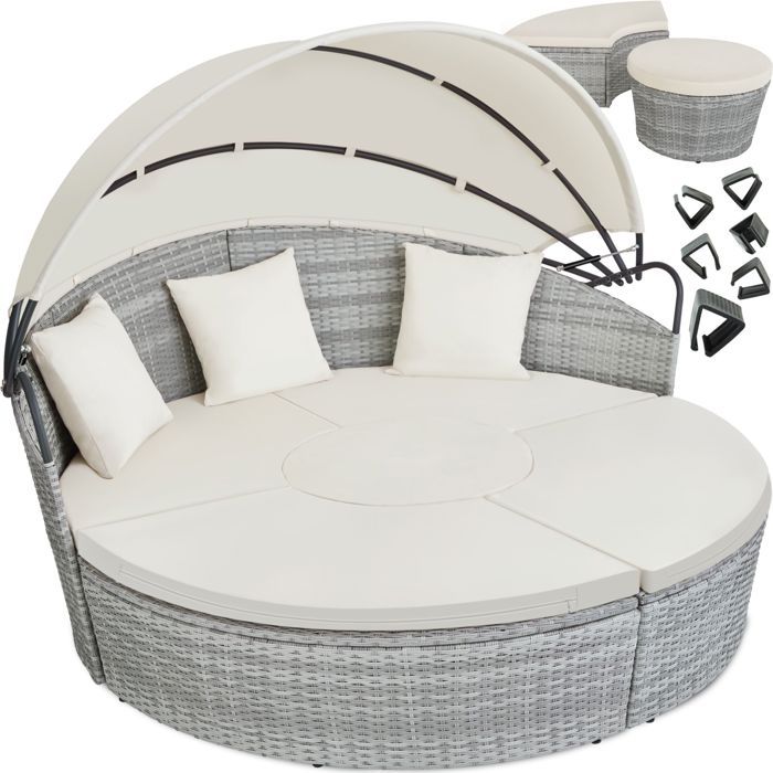 TECTAKE Salon de Jardin - Bain de Soleil Transat Modulable Aluminium et Résine Tressée - Pare Soleil + 3 Coussins - Gris Clair