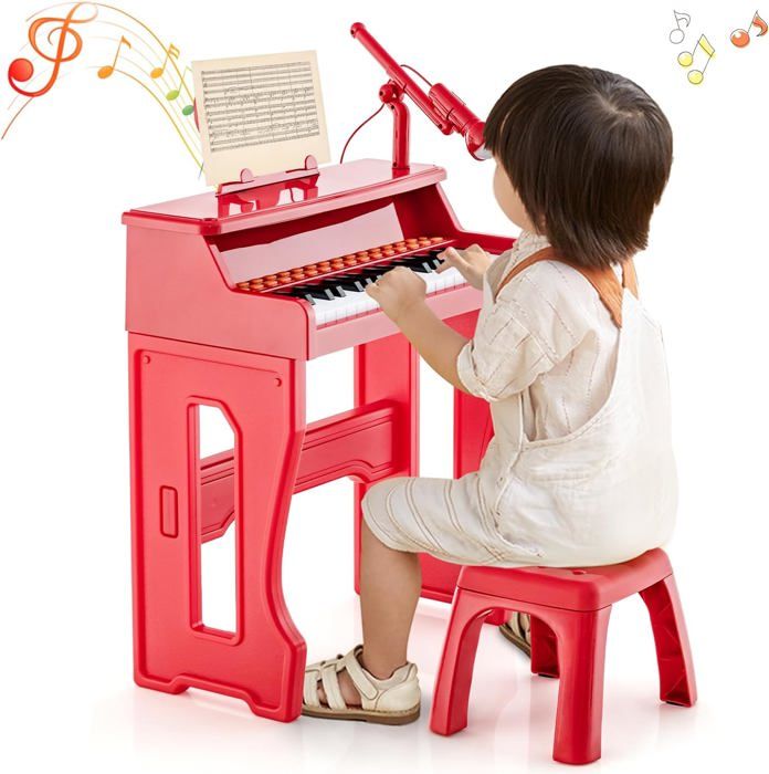 GOPLUS Piano Enfant 37 Touches avec Microphone, Clavier de Piano avec Pupitre Amovible, Tabouret Max50KG, pour Enfants 3 Ans+,Rouge