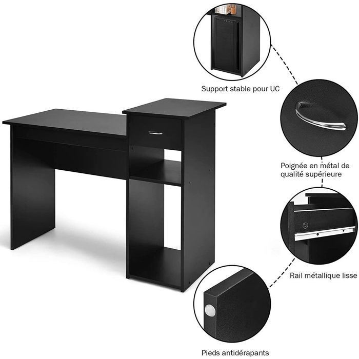 bureau informatique bureau d’ordinateur en mdf avec tiroir et 2 compartiments de rangement pour bureau noir