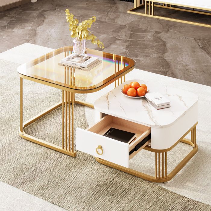2 en 1 Table basse salon Table dappoint en verre avec tiroirs Décoration doré 60x60x425+50x50x34cm