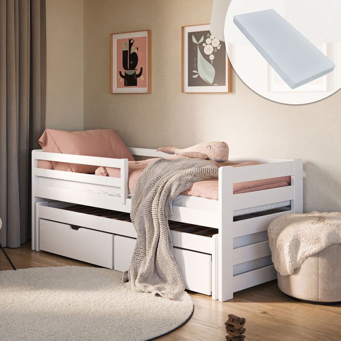 Lit Au Sol 140x200cm, Lit Enfant Avec Barrière, Tête De Lit De Rangement Et Sommier Pinmdf Gris Sans Matelas