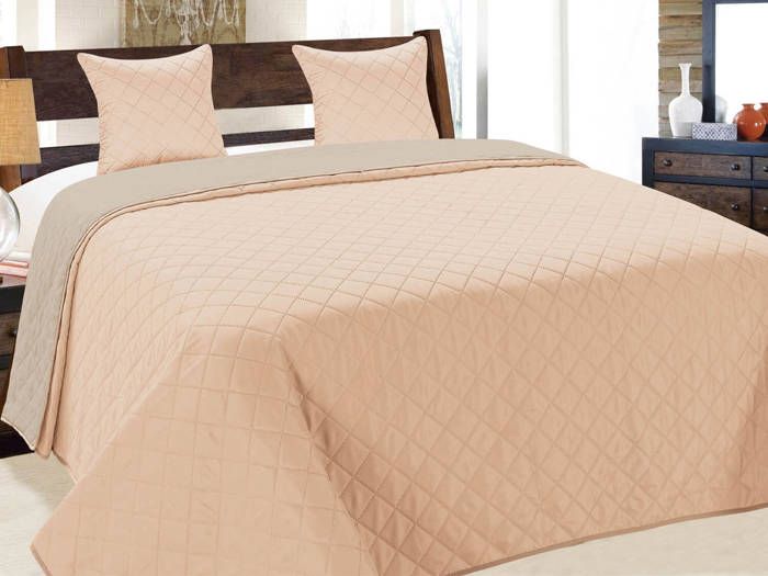 Couvre-Lit Quilt Matelassé avec 2 taies doreiller 40x40 cm- Saumon Rose Gris Clair 010 180x220 cm