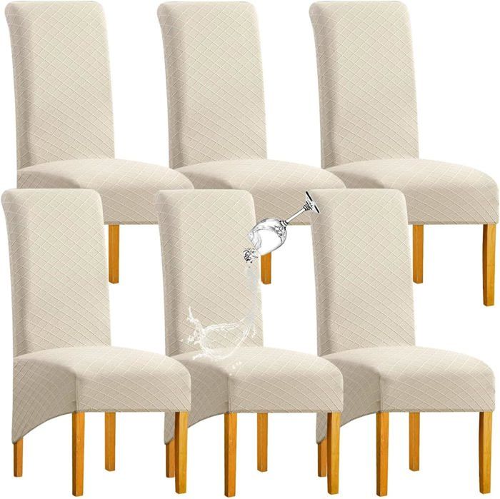 6PCS Etanche Housse de Chaise XL Salle à Manger Extensible Grande Housse de Chaise Jacquard Diamant Beige