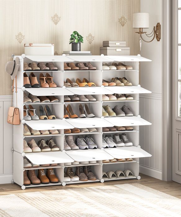 HOOBRO Étagère à Chaussures avec 12 Compartiments Boîte à Chaussures Armoire à Chaussures Étagère Modulable en Plastique Blanc