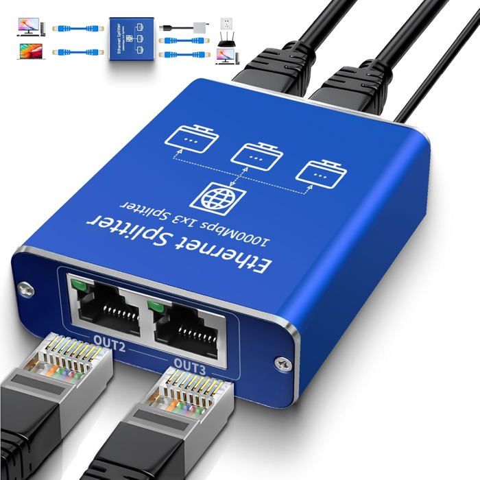 Commutateur Ethernet 2 Ports 1Gbps - Switch RJ45 1 Vers 2 / 2 Vers 1 - Compatible Cat5/6/7/8, PoE - Pour Partage De Connexion Entre PC, Routeur, TV - Sans Alimentation