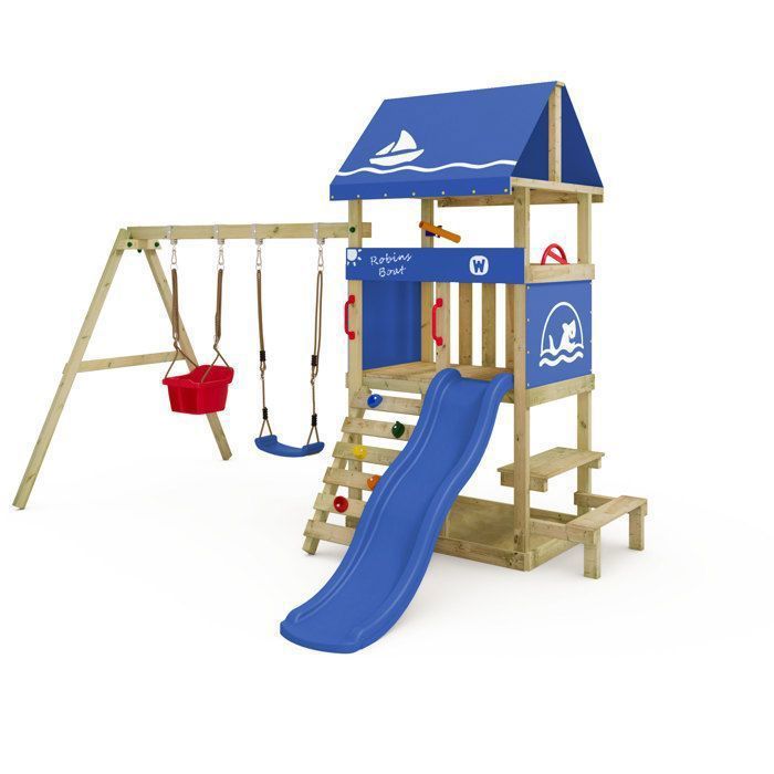 Aire de jeux WICKEY DinkyHouse – Toboggan bleu balançoire avec siège pour bébé et table de pique-nique pour les tout-petits