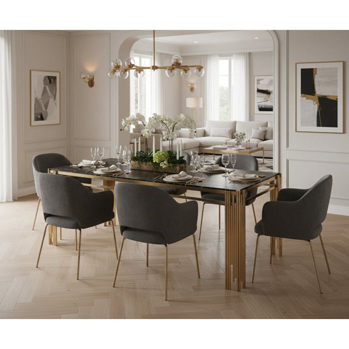 Table à manger Rectangulaire Gold Plateau Effet Marbré Noir 180x90x75 cm - FLUTE