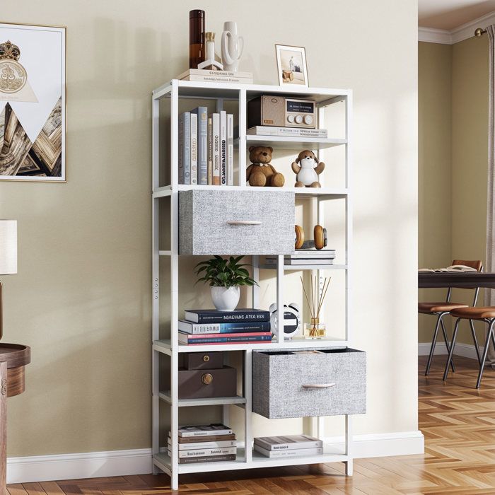 Bibliothèque Industrielle Avec Portes - Bois Et Métal, 5 Niveaux, Design En S - Rangement Salon/Bureau (Marron Rustique)