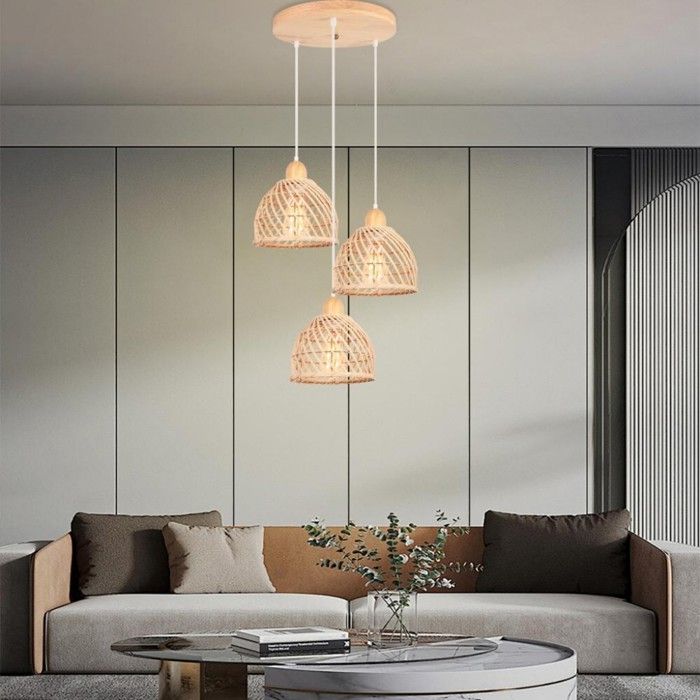 Lustre suspension - SMOTOP - 3 abat-jours bambou tressé - Métal & bois - Style vintage bohème