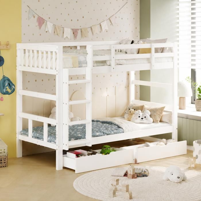 90x200 cm Lit superposé simple en boislit bébé amovible avec barrières de sécuritééchelle et deux tiroirs de rangementnon matelas