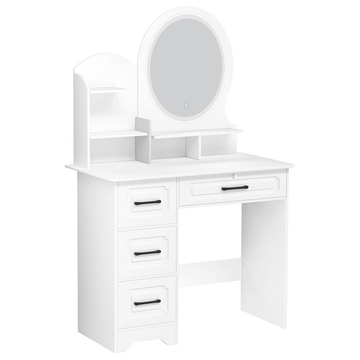 Coiffeuse avec miroir LED tactile - FIANAO - 4 tiroirs avec poignées et 3 étagères ouvertes - stable et raffiné - 80x40x137cm