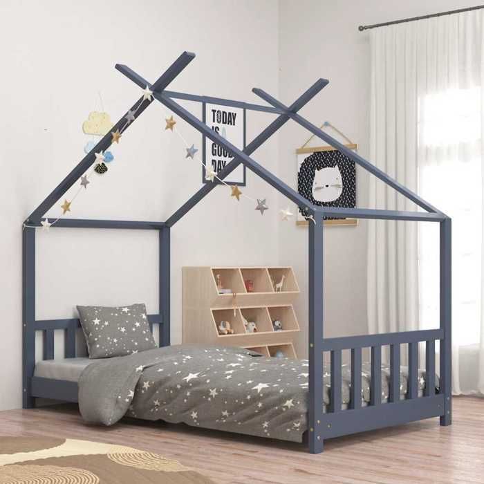 Cadre de lit enfant en bois de pin - Happiness - Gris - 70x140 cm - Bois massif - Style maison - Robuste