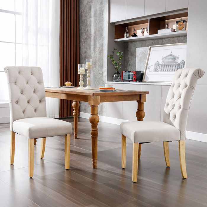 Lot de 2 Chaises de Salle à Manger - Haut Dossier - Assise Rembourrées - Pieds en Bois Chêne - Velours - Beige