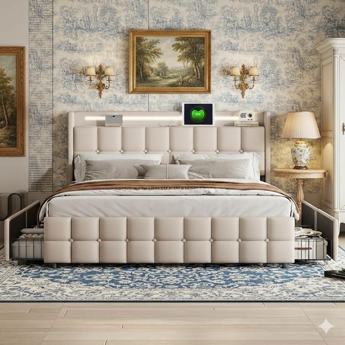 Lit double 160x200 cm - lit adulte capitonné avec 4 tiroirs - sommier à lattes en bois - tête de lit led de rangement - beige