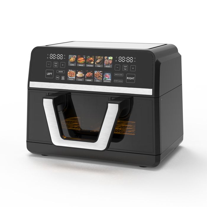 Friteuse à air 10 L Air Fryer 2500W，2 tiroirs Cloison Amovible 10 préprogrammes avec Fenêtre Transparente  50-200°C - Gearelec