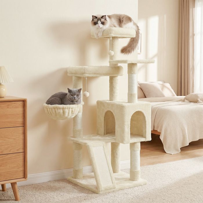 Arbre à chat avec 3 Plateformes Maison et Panier Griffoir pour Salon Hauteur 136 cm Beige