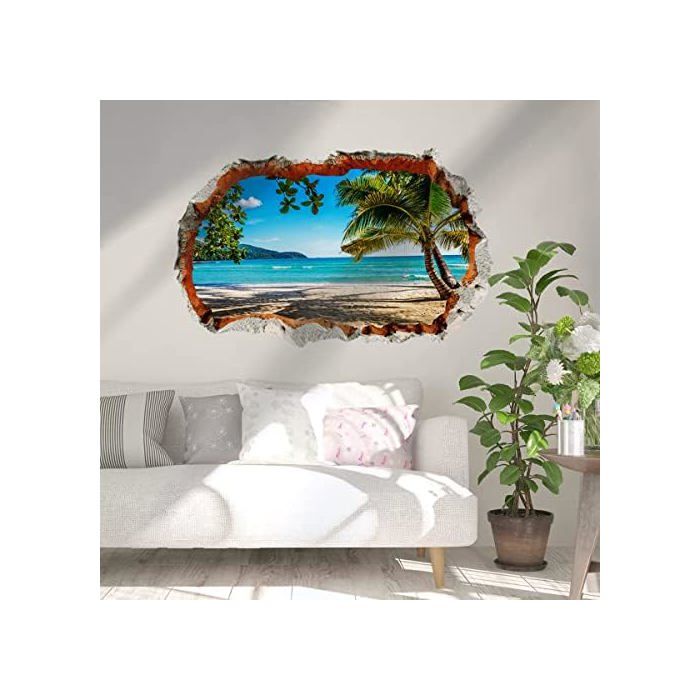- 3D Stickers muraux chambre adulte VUE sur la MER (90x60 cm) I Autocollant mural île caraïbes plage océ OBJET DE DECORATION MURALE