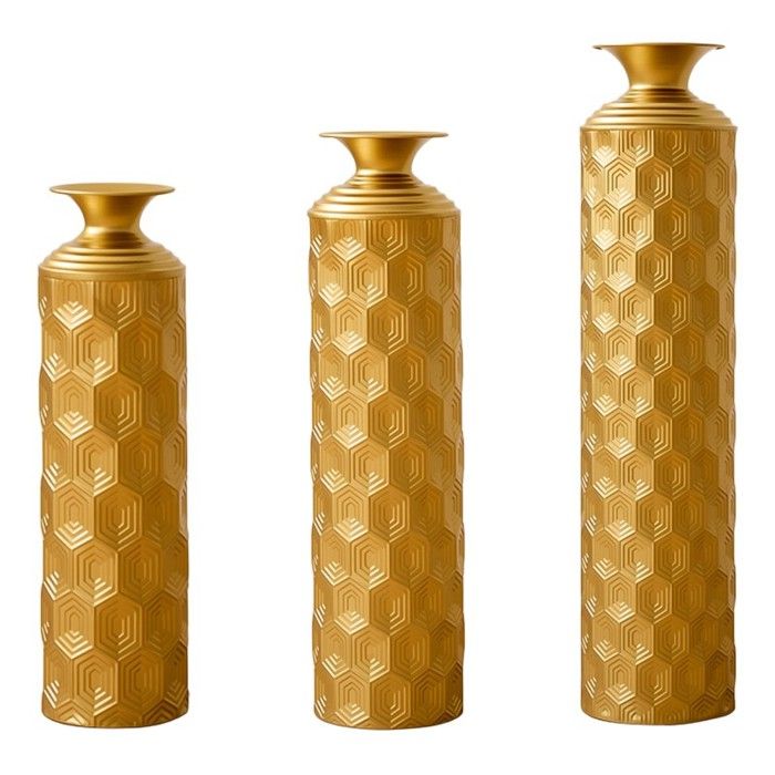 Lot de 3 Vases de Sol Dorés en Métal Vases Design Alvéolé Semi-Artisanaux Vases Modernes Salon Entrée Hauteur 50/65/85 cm