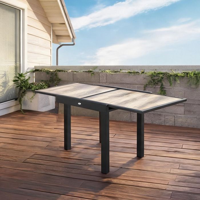 Table de jardin extensible rectangulaire en aluminium aspect bois couleur lin beige 160 x 80 x 75 cm 6 personnes