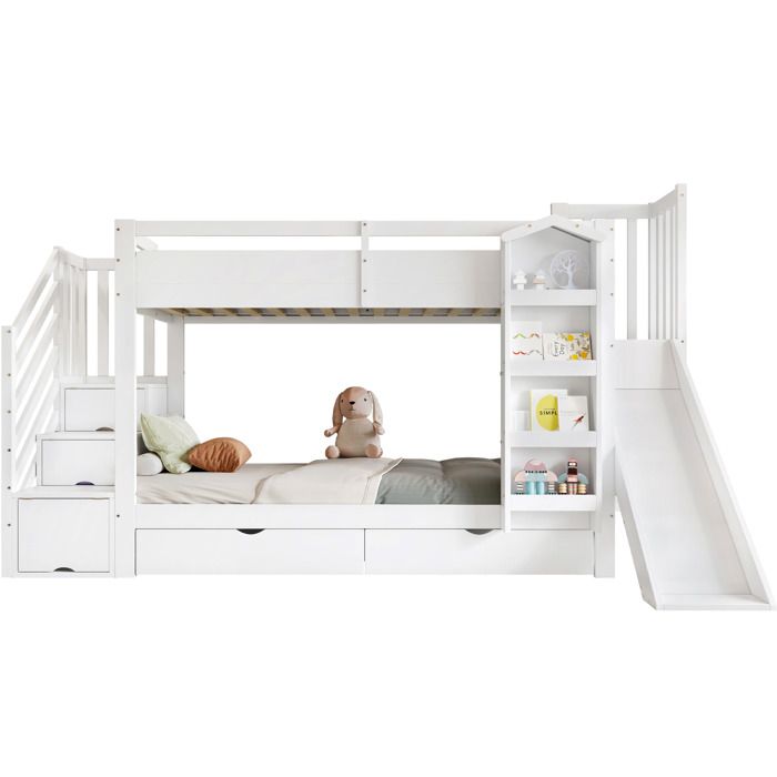 Lit superposé enfant 90x200 cm blanc avec toboggan étagère à livres et 2 tiroirs sur roulettes escalier placard