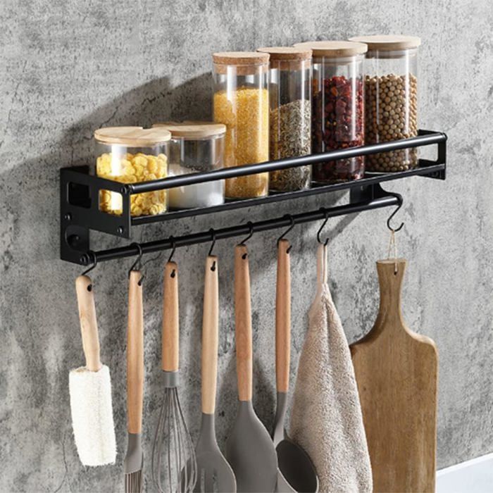 Étagère murale dustensiles de cuisine en acier inoxydable avec 8 crochets - 40 cm 2 modes dinstallation adhésif/perçage noire