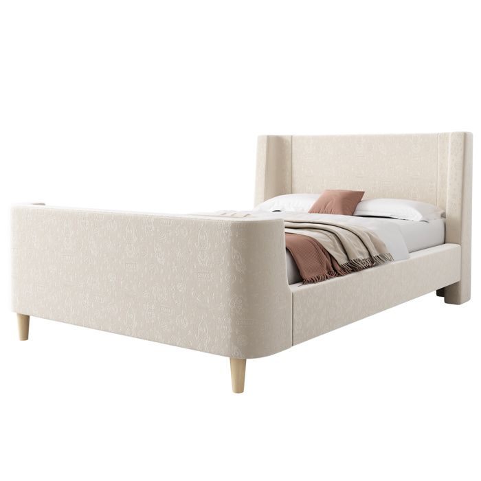 ROVRYN Lit enfant 90 x 200 cm style traîneau velours beige sommier à lattes inclus motif cosmique