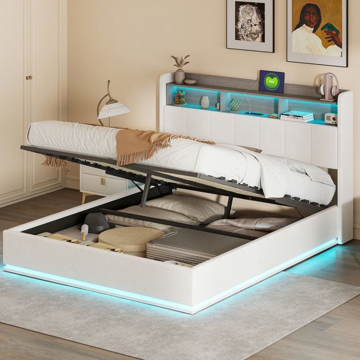 Lit Coffre Adulte 160x200 cm Velours Beige - Lit Double avec Sommier Rangement Hydraulique et Tête de Lit LED 350 kg