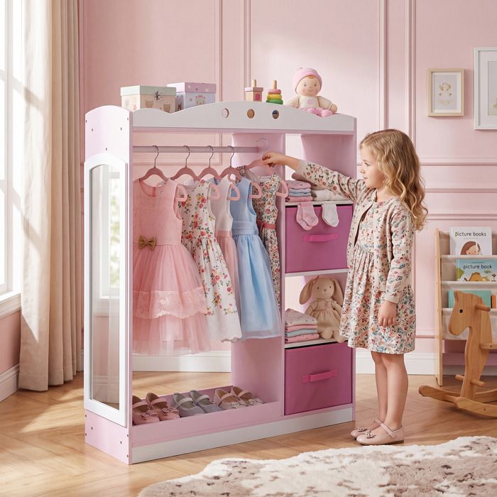 Portant a Vêtements Enfant avec Miroir-COSTWAY-Penderie Ouverte avec Tringle Étagères 2 Tiroirs Garde-Robe 90x30x111 5CM Rose