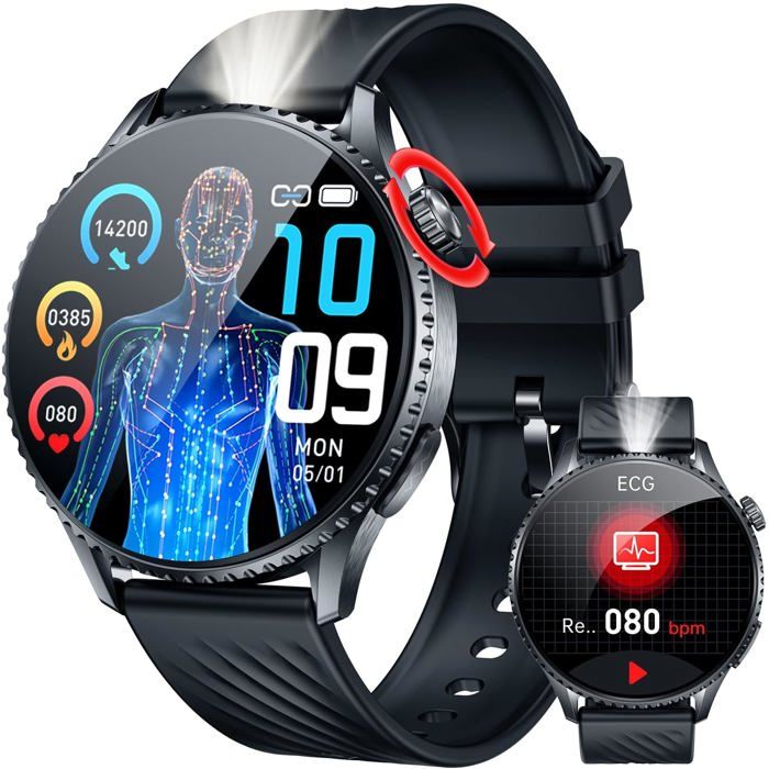 Montre Connectée Homme Smartwatch Ecg: 1.56 Écran Ronde Montre Hommes Avec Appel Bluetooth Lampe De Poche Led Fitness Track[WW546]