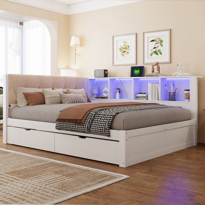 Bladez - Lit enfant 140x200 cm avec 2 grands tiroirs - Lit coffre avec port USB et lampe LED - Lit simple - Canapé-lit - Blanc