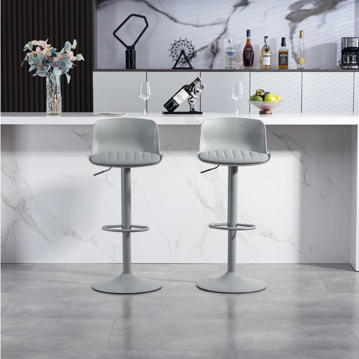 Tabouret de bar lot de 2 réglable en hauteur pivotant 360° - YEAVIO - dossier plastique simili cuir pied métal gris