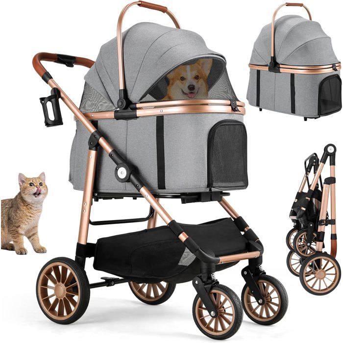 Poussette pour Chien Tout Terrain Pliable jusquà 25 kg Sac de Transport Pliable Caoutchouc 360° avec Suspension Amortissante Gris