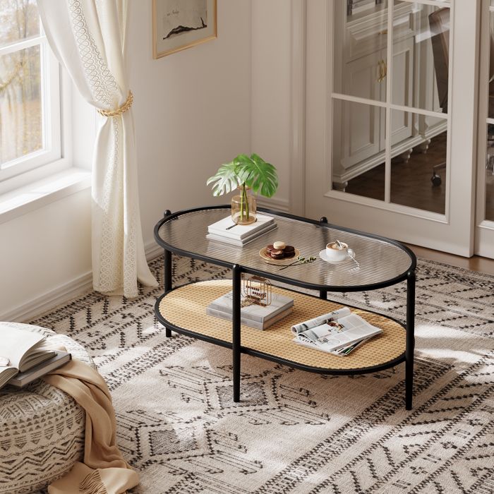 Table Basse de Salon - 2 niveaux plateau en verre trempé étagère de rangement spacieuse - Idéale pour salon et petits espaces-Noir